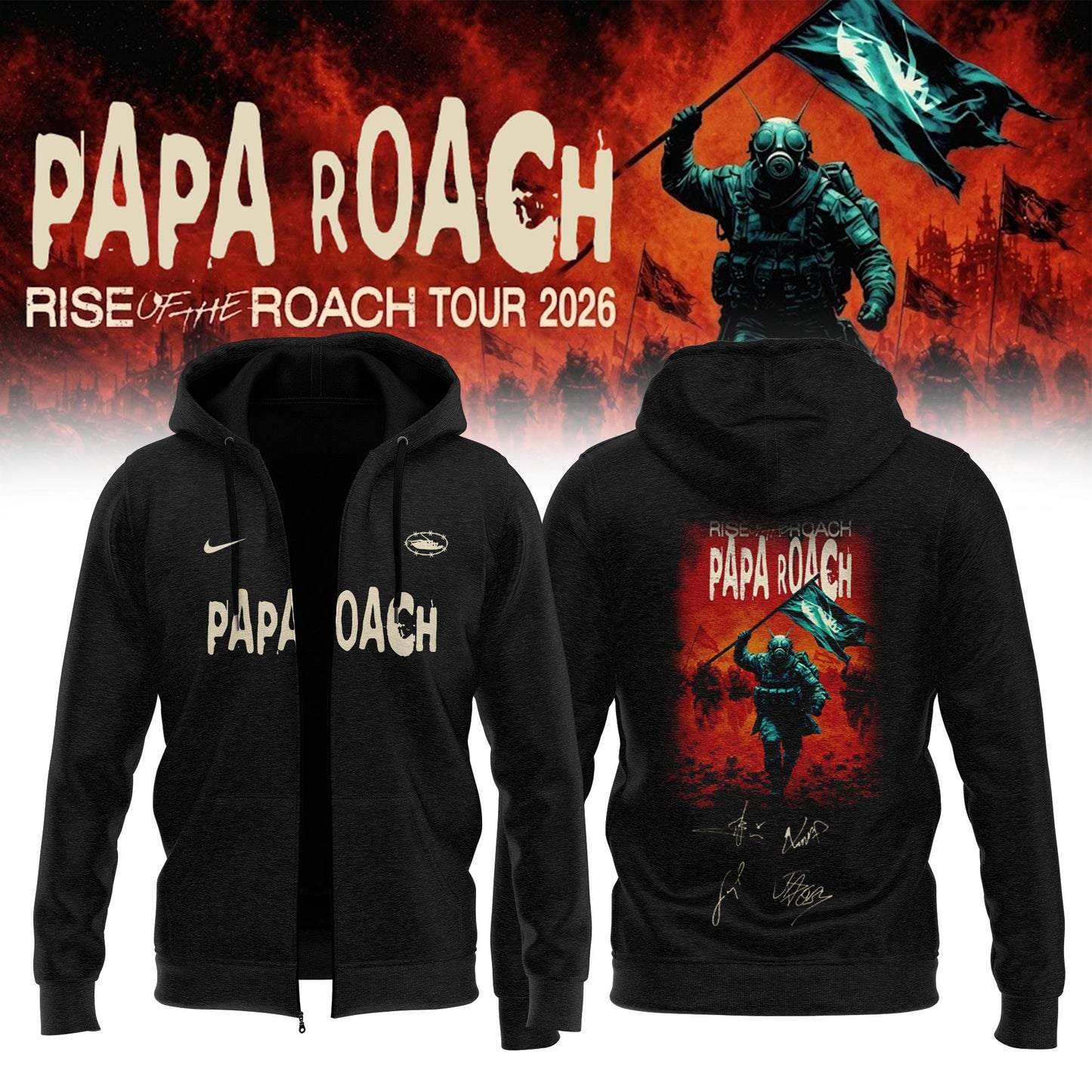 ,.Papa Roach “Rise of the Roach Tour” 2026 Signed – Zip Hoodie