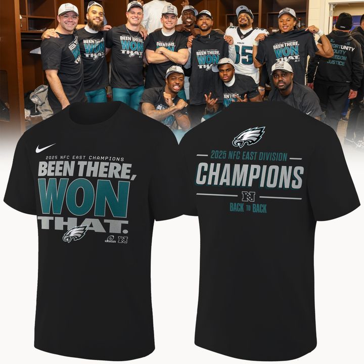Limited edition Philadelphia Eagles 2025 NFC East Division Champions Locker Room Trophy Collection T-Shirt for fans.