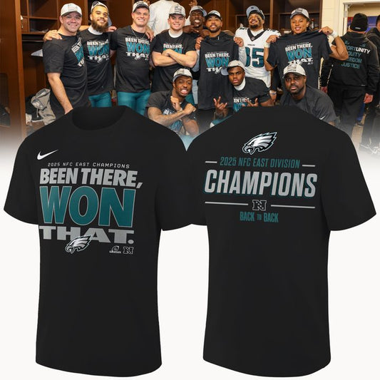 Limited edition Philadelphia Eagles 2025 NFC East Division Champions Locker Room Trophy Collection T-Shirt for fans.
