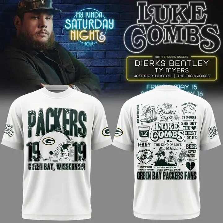 Limited Edition T-shirt White Luke Combs x Green Bay Packers “My Kinda Saturday Night Tour”