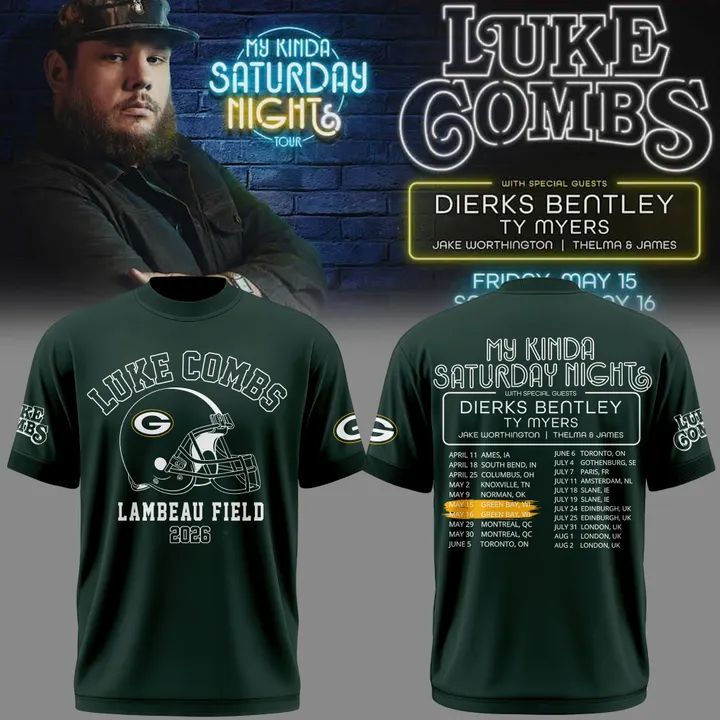Limited Edition T-shirt Luke Combs x Green Bay Packers “My Kinda Saturday Night Tour” for fans.