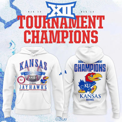 Kansas Jayhawks White 2026 Big 12 Baseball Tournament Champions Locker Room Hoodie V3