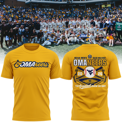 1.West Virginia Mountaineers 2026 NCAA Baseball Men's College World Series Omaneers Yellow T-Shirt