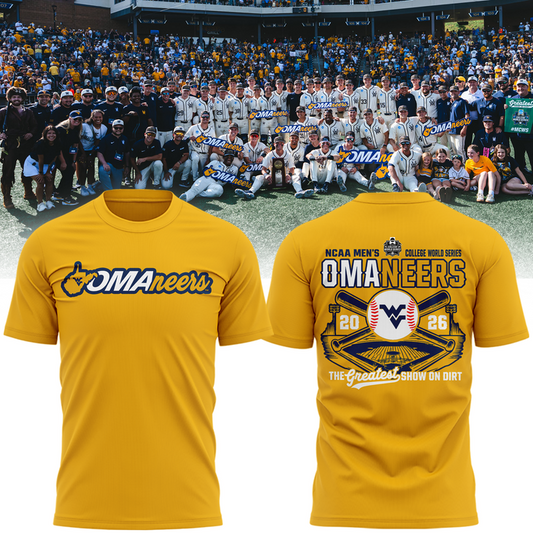 1.West Virginia Mountaineers 2026 NCAA Baseball Men's College World Series Omaneers Yellow T-Shirt