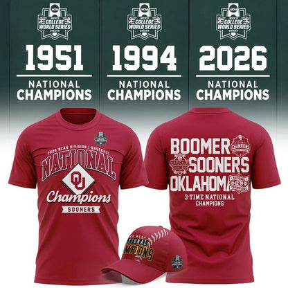 Oklahoma Sooners Crimson 2026 Baseball National Champions 3-Time Champions T-Shirt