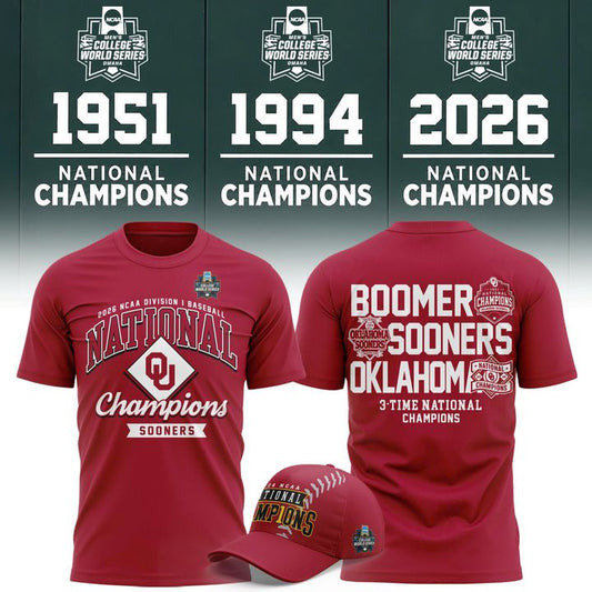 Oklahoma Sooners Crimson 2026 Baseball National Champions 3-Time Champions T-Shirt