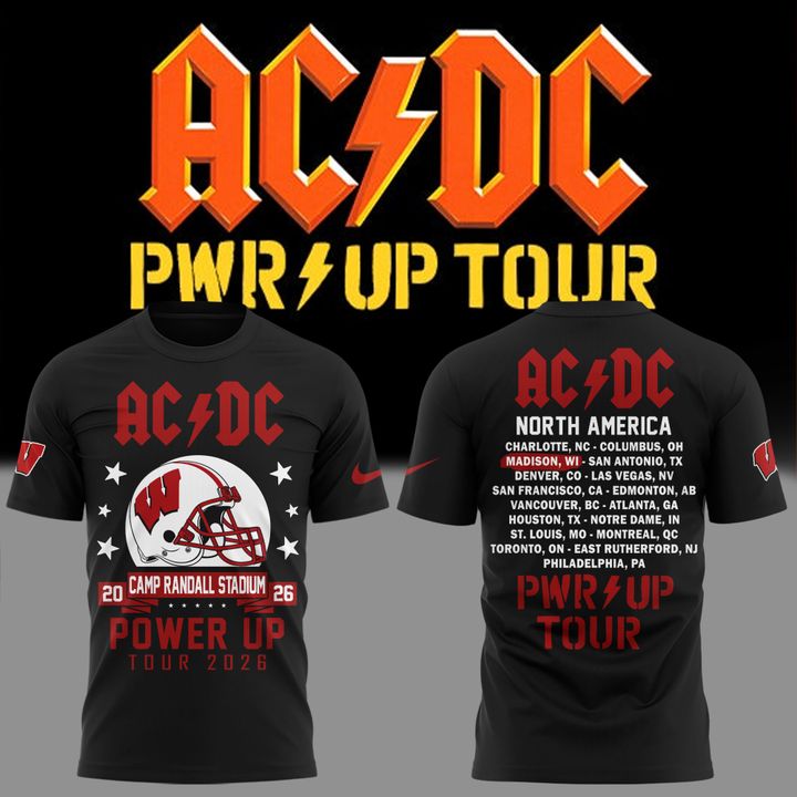 11. Exclusive Power Up Tour 2026 AC/DC x Wisconsin Badgers Football T-Shirt