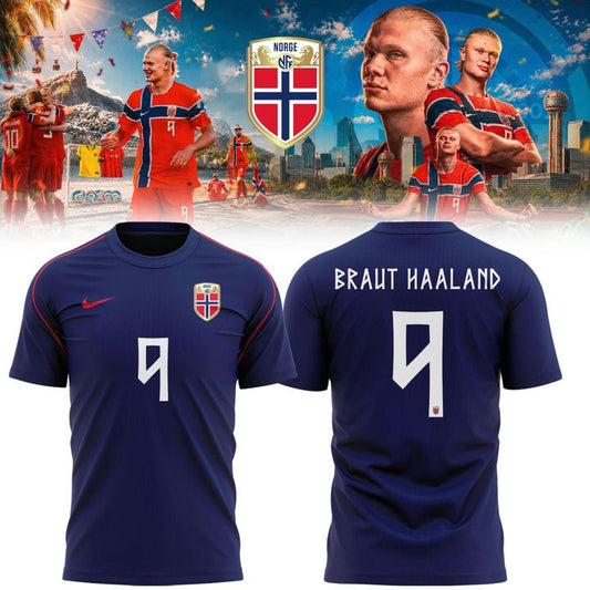 Erling Braut Haaland #9 Norway Football Jersey - Navy Blue with Red Pinstripe