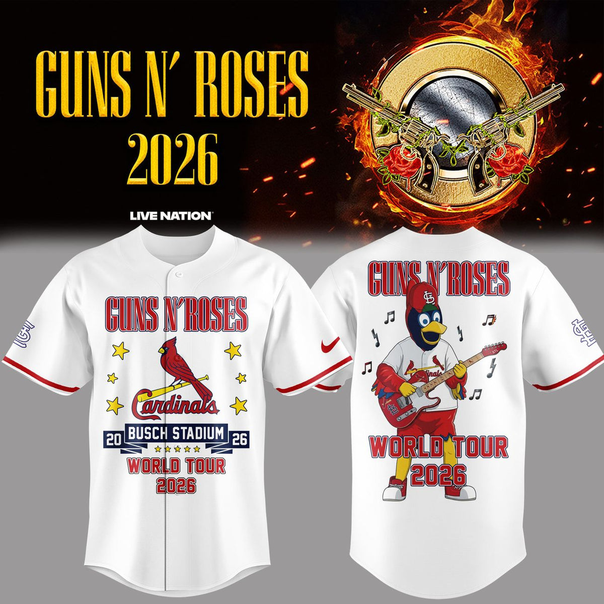 01.35. New White Guns N' Roses x St. Louis Cardinals - World Tour 2026 Baseball Jersey