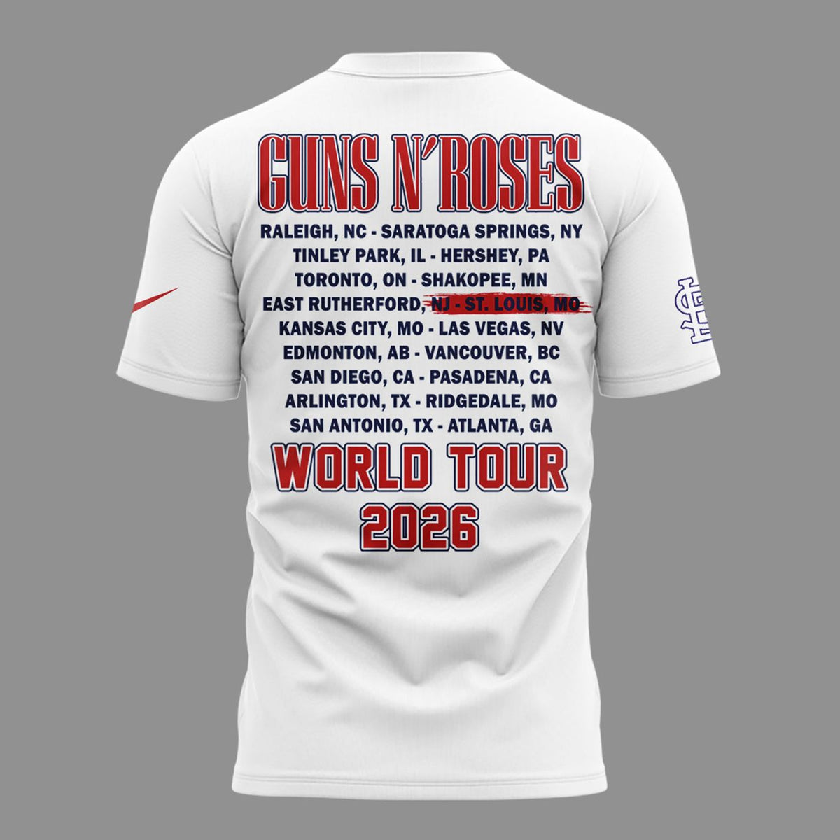 01.03. Special White Shirt Guns N' Roses x St. Louis Cardinals - World Tour 2026 T-Shirt