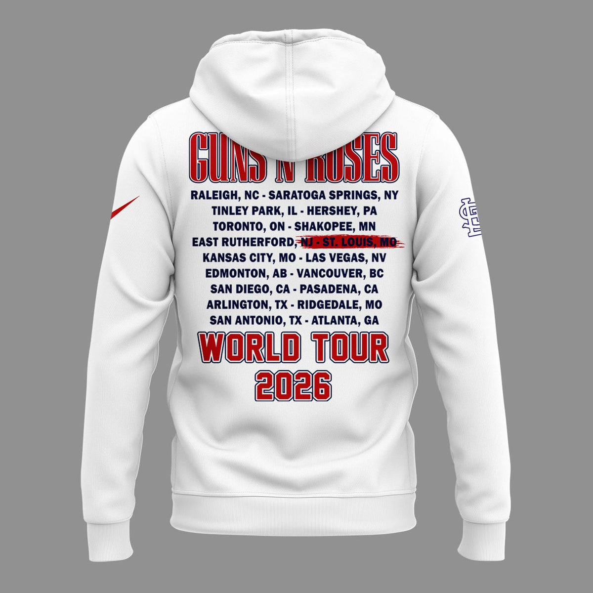 01.32. New White Hoodie Guns N' Roses x St. Louis Cardinals - World Tour 2026 Hoodie
