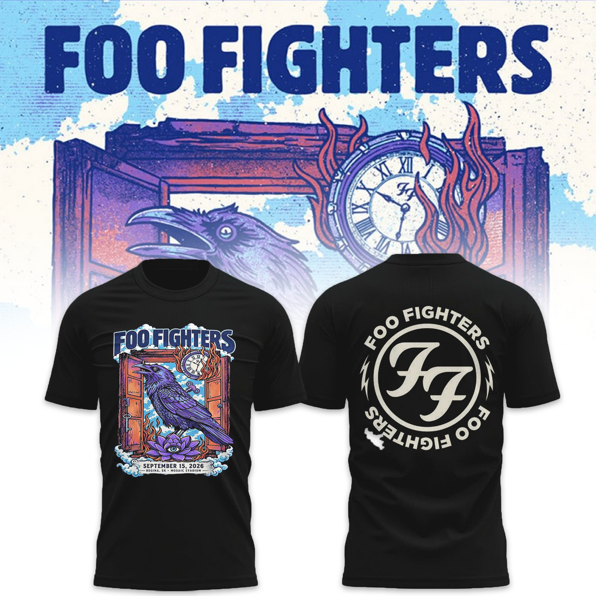 Foo Fighters Tour Poster Artwork Featuring Purple Raven Clock And Lotus Flower Tshirt