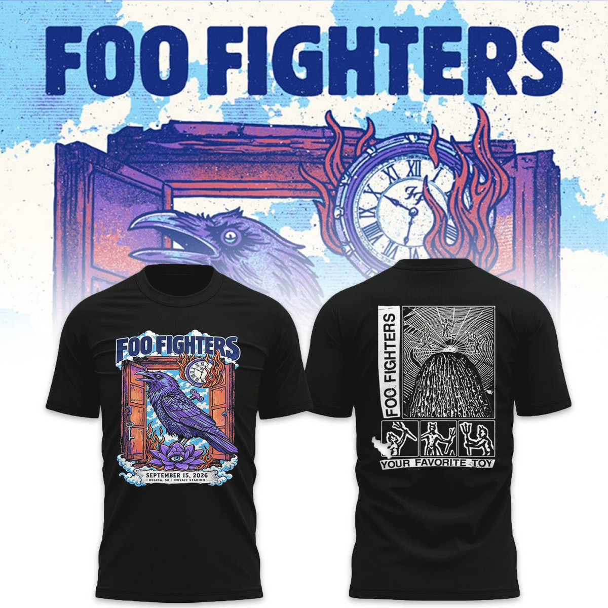 Foo Fighters Tour Poster Artwork Featuring Purple Raven Clock And Lotus Flower Tshirt