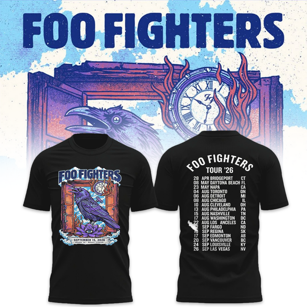 Foo Fighters Tour Poster Artwork Featuring Purple Raven Clock And Lotus Flower Tshirt