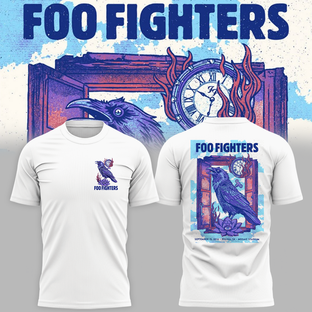 Foo Fighters Tour Poster Artwork Featuring Purple Raven Clock And Lotus Flower Tshirt