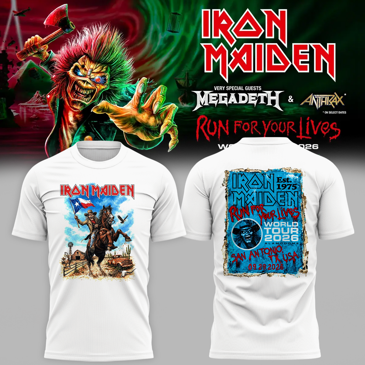 Iron Maiden San Antonio TX Event Tee 2026 Live At Alamodome On September 29 2026 Run For Your Lives Tour T-Shirt