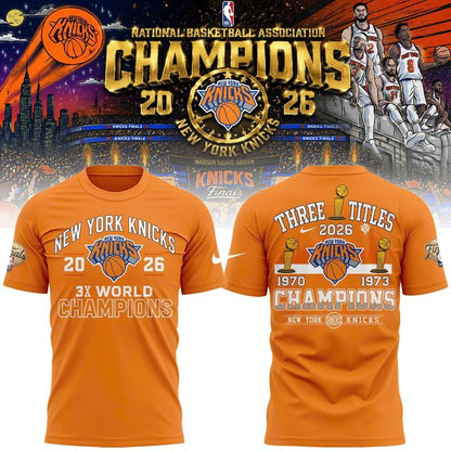 New York Knicks 2026 Champions 3-Time Champions Orange T-Shirt