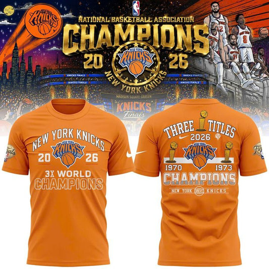 New York Knicks 2026 Champions 3-Time Champions Orange T-Shirt