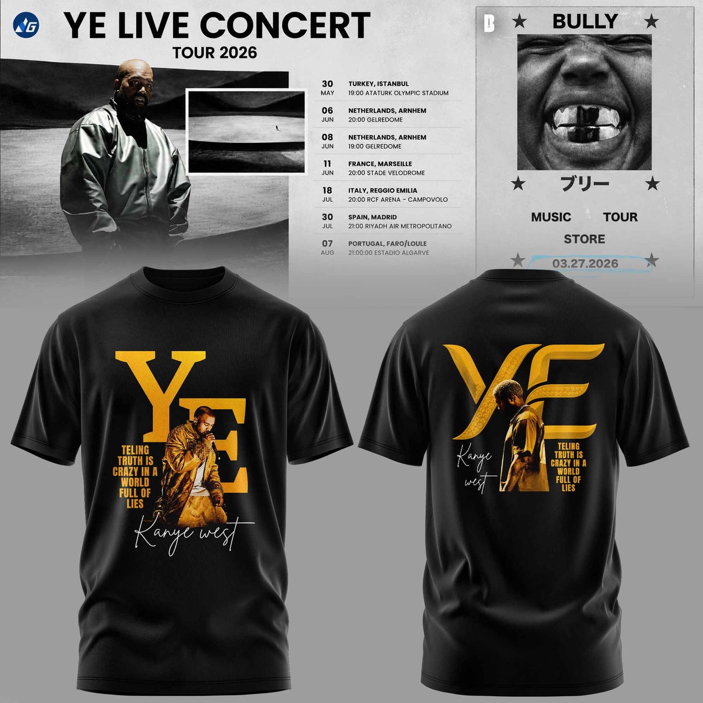 Bully Live Concert Tour 2026 Premium 3D T-Shirt – Gold Edition