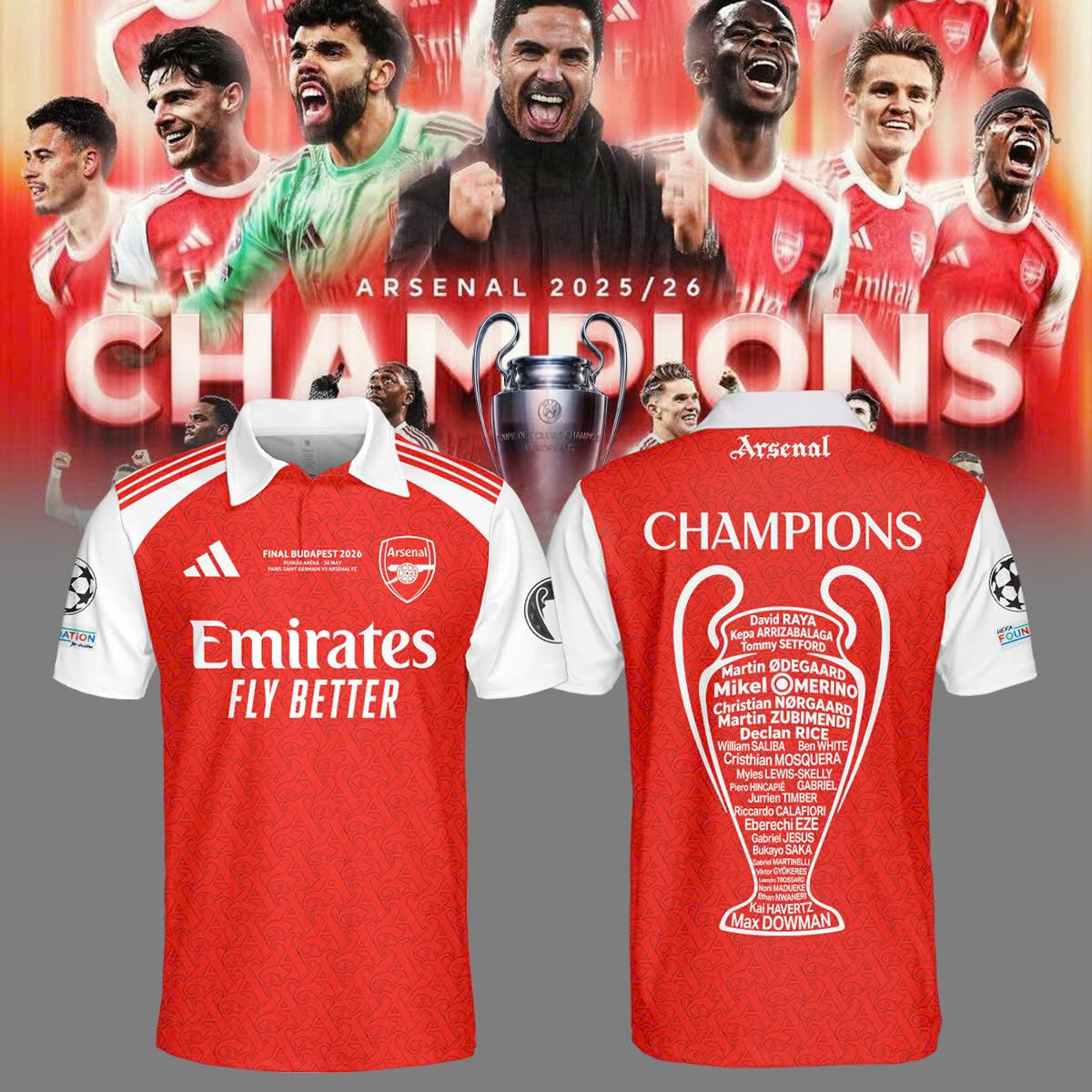,.Arsenal Champions League Winners 25/26 Polo